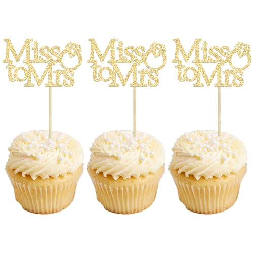 Gyufise 24Pcs Miss to Mrs Cupcake Toppers with Ring Bridal Shower Cupcake Picks Decorations for Wedding Engagement Birthday Party Cake Decorations Supplies Gold