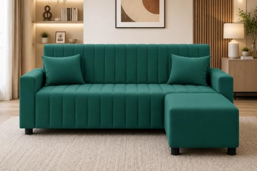 Image of Rosebell Three Seater Sofa Set with Ottoman | Living Room Couch | with Printed Cushions | Sofa for Home, Apartment & Office-Green Color