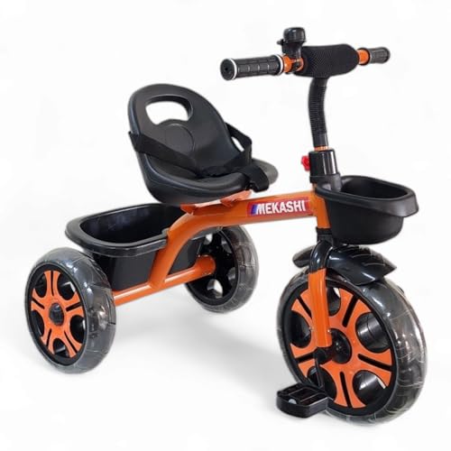 Image of MEKASHI T-001MW Plug N Play Kids Trike /Baby Tricycle, Big Size Storage Basket, Bell, Comfortable Seat with Seat Belt, 12 to 48 Months, Load Upto 35Kg, Easy Assembly, Heavy Guage Steel Frame, Orange