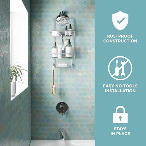 Zenna Home Rustproof Hanging Shower Caddy, Over the Shower Head Caddy with 2 Shelves and Built In Hooks, Aluminum Bathroom Hanging Organizer, Satin Chrome - Image 3