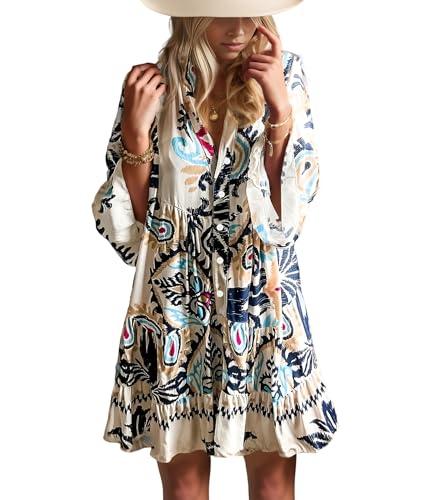 Image of Opemiby Summer Dresses for Women 2026 Flowy Ruffle 3 /4 Sleeve V Neck Tiered Casual Babydoll Boho Beach Mini Dress
