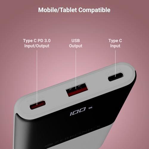 Image of ZEBRONICS EnergiPod 10R1, Power Bank, 10000 mAh, 22.5W Super Fast Charging PD 3.0 (PPS), Dual Type C & USB Port, LED Percentage Indicator, for iPhone, Android, Tablets, Airpods (White)
