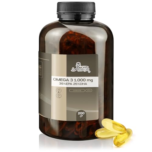 Aurica Omega 3 2000 mg - 200 Cápsulas con 35% EPA y 25% DHA (700 mg EPA, 500 mg DHA) - Suplemento de Alta Potencia para Corazón, Cerebro y Visión, Omega 3 Puro y Concentrado