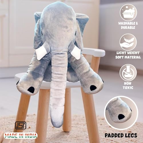 Image of Storescent Big Fibre Filled Baby Pillow | Elephant Plush Hugging Toy for Kids | Soft Stuffed Animal Pillow for Boys & Girls -60cm, Grey