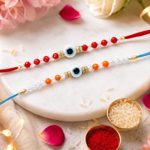 Image of Peora Evil Eye & Crystals Studded Rakhi for Brother Bhaiya | Red Thread | Raksha Bandhan Hamper with Roli Chawal Greeting Card