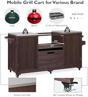 66.5" Outdoor Kitchen Island for Big Green Egg Grills, Outdoor Patio Bar Table with Stainless Steel Top and Adjustable Shelf, Rolling Grill Table Cart for Outside, Kitchen, BBQ, Dark Brown