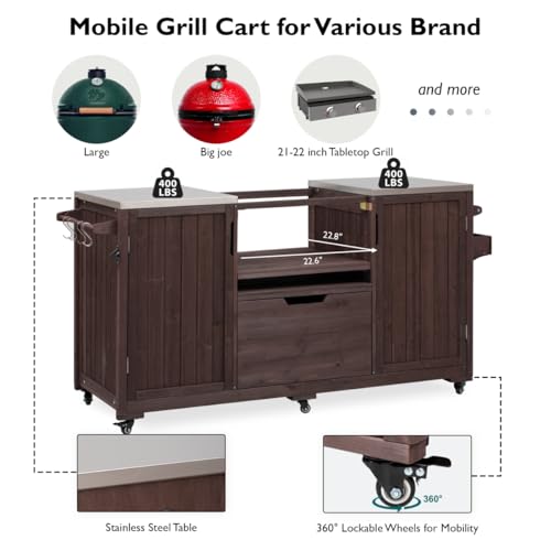 66.5" Outdoor Kitchen Island for Big Green Egg Grills, Outdoor Patio Bar Table with Stainless Steel Top and Adjustable Shelf, Rolling Grill Table Cart for Outside, Kitchen, BBQ, Dark Brown