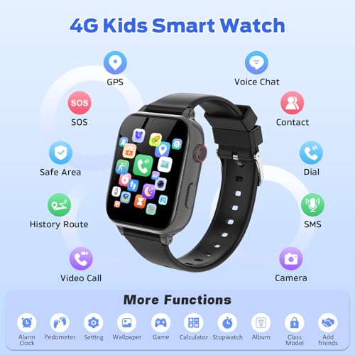 Image of 4G Kids Smart Watch with GPS Tracker, Video Call & Texting, Smart Watch for Kids with SIM Card, SOS, School Mode, HD Camera, Pedometer, Kid Watch Gift for Boys Girls Age 4-12, Black