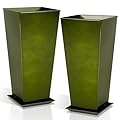 Worth Garden 25" Large Metal Glazed Planter Set of 2, Luxurious Glossy Finish Green Tall Square Tapered Steel Plant Pots, Decor Flower Pot Indoor & Outdoor, Drainage Hole & Dual-Purpose Plant Saucer