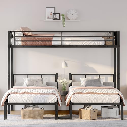 Triple Metal Bunk Bed for 3 Kids - Space-Saving L-Shaped Twin Over Twin & Twin Bed with Safety Guardrails, Converts to 3 Separate Beds, Black Finish with Ladder (Black, Twin Over Twin & Twin)
