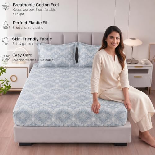 Image of BSB HOME 240 TC Premium Double Bed Fitted Bedsheet, Soft Comfortable Stretchable Mattress Sheet with Elastic Fitted Corners, Durable Easy Care Bedding, 72 x 72 + 10 Inches(183x183+25 cm) - Slate Blue