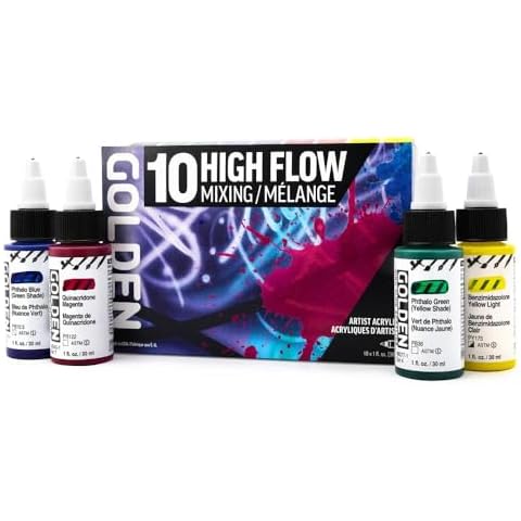 High Flow Acrylics by GOLDEN, High Flow Mixing Set, 10 Colors, Professional Acrylic Paint Cover