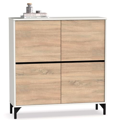 briebe Harmony Meuble à chaussures en bois pour entrée, 4 portes, 96,5 x 101 x 33 cm (hauteur x largeur x profondeur) 20 paires environ, chêne cambrian/blanc