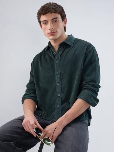 Image of VASTRADO Sacremento Green Corduroy Boxy Fit Crop Shirt