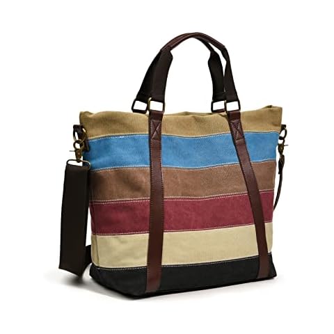 CHEREEKI Handbags for Women Crossbody Bags Tote Shoulder Bags for Ladies with Zip Cord Striped Canvas Top Handle Laptop Bag for Work School Travel Shopping Daily Use Large Capacity Cover