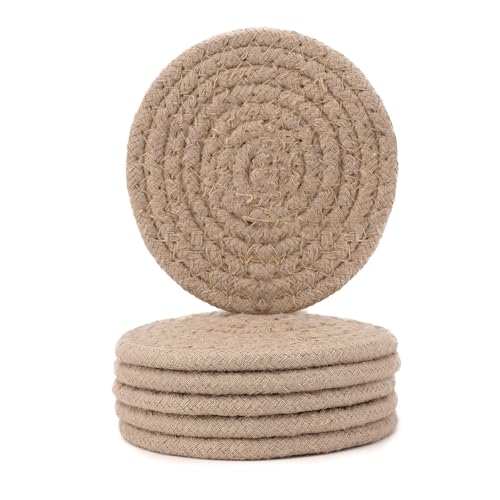 Image of Encasa XO Drink Coasters Set of 6 | Beige with Round (9 cm) | Handcrafted Ribbed Cotton | Absorbent & Heat-Resistant | Use for Tea, Coffee Table & Desk