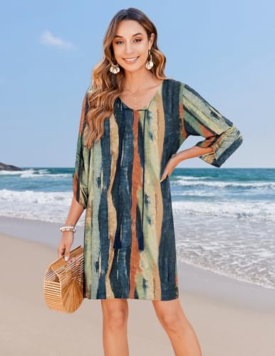 Image of Zeagoo Womens Boho Dresses Casual Beach Summer Dress Tassel Tie Neck 3 /4 Long Sleeve Mini Sundress 2026 Floral Print Cover Up
