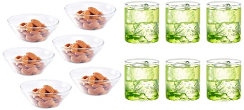 Image of Borosil Vision Small Squat Glass, 205ml+ 20ml, Set of 6 & Venus Glass Katori Set, 170ml, Set of 6, Transparent Combo