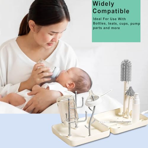 Image of Tony Stark 6-in-1 Baby Bottle Cleaning Brush Set - Includes Silicone Bottle Brush, Nipple Cleaner, Straw Brush, Soap Dispenser, Storage Box, Bottle Drying Rack | Silicone Bristles (Plain Box - White)