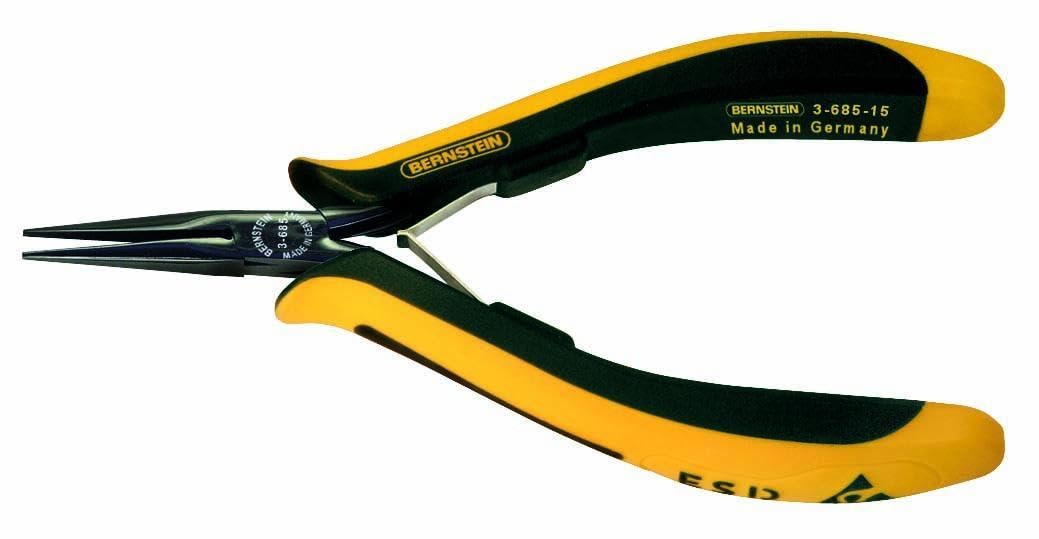 Bernstein Werkzeug Spitzzange Euroline, 140 mm, lange Backen, ableitfähige zweifarbige Handschutzhüllen, 3-685-15