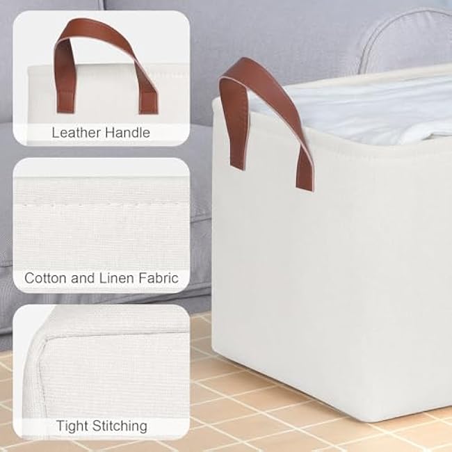 KEEGH Storage Baskets for Organizing, Fabric Storage Bins with Leather Handles, Shelf Baskets for Closet Organization, 15 L x 11 W x 10 H, White, 4 Pack