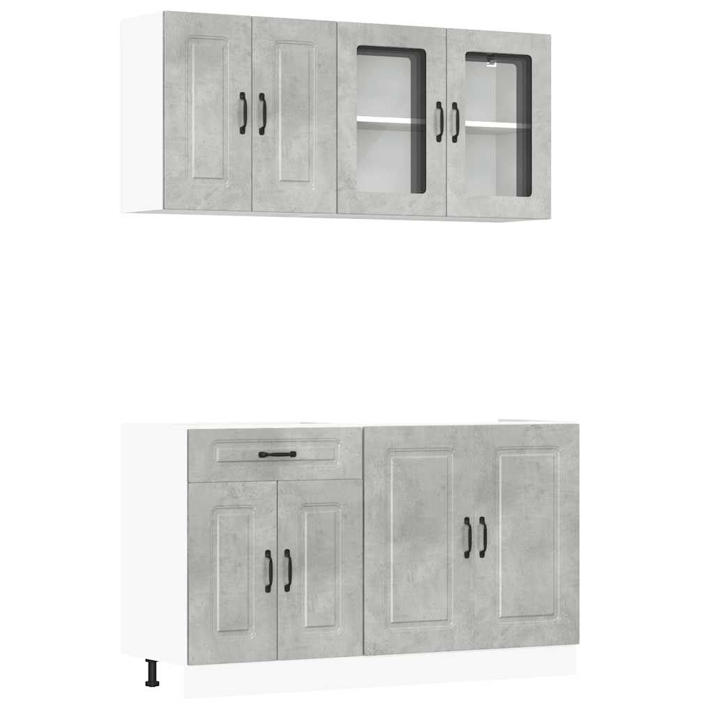 4-teilig Küchenzeile Kalmar Betongrau 80x46x81,5 cm Holz mit Glastüren, höhenverstellbare Füße, Stauraum, für Singles, kleine Küchen