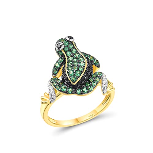 Santuzza Bague en argent sterling 925 en forme de grenouille plaquée or avec spinelle verte pour femmes et filles, Argent sterling Pierre précieuse, Spinelle...
