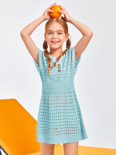 Image of Haloumoning Girls Crochet Swim Beach Cover Up Kids Fashion Button Short Sleeve Swimsuits Cover Ups 5-14 Years
