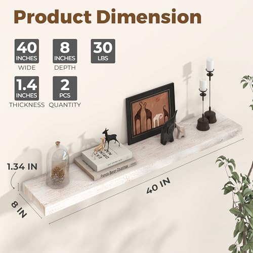 Image of Floating Shelves for Wall, 40in Reclaimed Elm Wood Shelves, White, 2PCs | 8in Deep Rustic Solid Elm Wood Wall Shelves for Storage, Wall Mounted Display Shelving, Invisible Heavy-Duty Metal Bracket