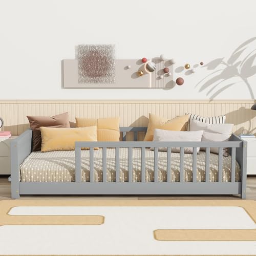 Image of Twin Size Kids Montessori Floor Bed,Twin Floor Bed Frame with Slats and Bookcase,Solid Wood Montessori Bed for Girls Boys,Grey