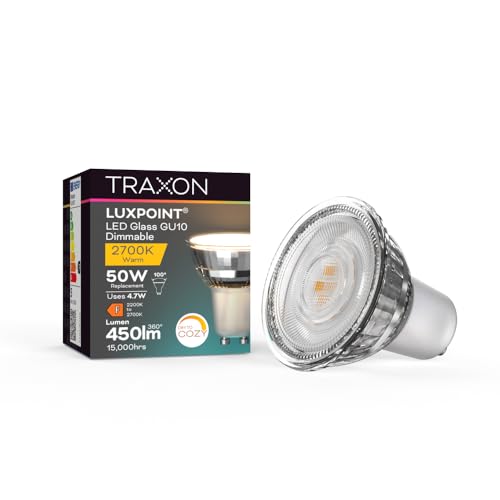 TRAXON LUXPOINT® Bombilla LED GU10 Cristal Dimmable 4.7W equivalente a 50W, 450Lm Ángulo de haz 100° DIM TO COZY Luz Regulable segun la intensidad 2200-2700K (4.7W Pack 10 und)
