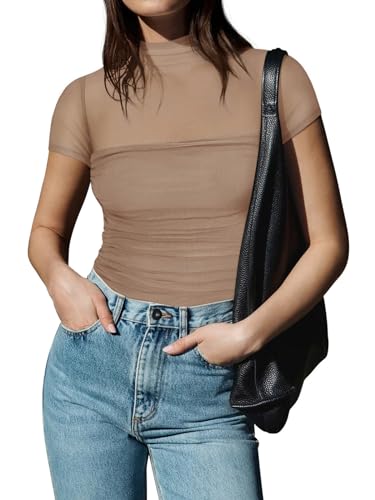 Image of REORIA Women's Sexy Mock Turtle Neck Short Sleeve Shirts Sheer Mesh Ruched Trendy Going Out Bodysuits Tops