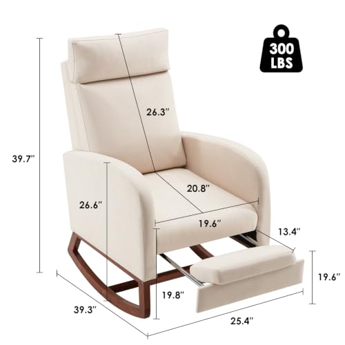 Image of Rocking Chair Nursery High Back Rest Glider Rocker with Footrest Nursing Rocking Chairs Upholstered Accent Arm Chair for Living Room Bedroom Indoor, Beige