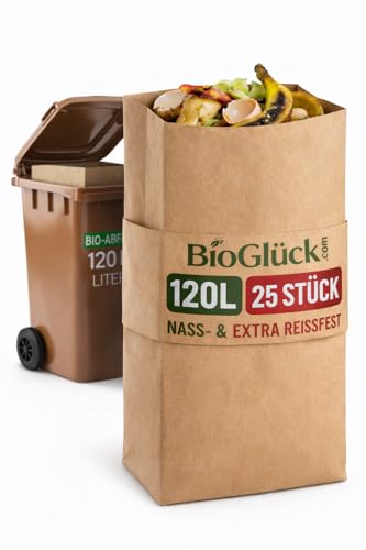 BioGlück Biomüllsäcke 120L [25 Stück] für die Biotonne | Extra reißfest & nassfest | Hält die Tonne zuverlässig sauber & trocken