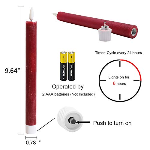Image of Red Flameless Taper Candles Battery Operated with 6H Timer, Real Wax 3D Wick Flickering LED Taper Candles Dinner Wedding Holiday Decor(6 Pack, 0.78 x 9.64 Inches)