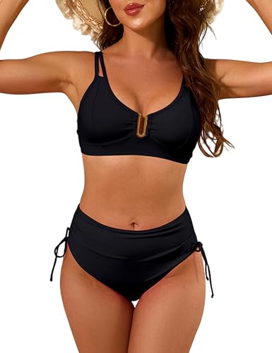 Nillocco 2 Piece Swim Suits for Women 2025 Swimsuits for Curvy Women High Waisted Bikini Sets U-Wire Cutout Tummy Control Bathing Suit Black Medium — view 5