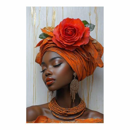 Tableau grande rose rouge et femme au foulard orange peinture glamour de 80x120cm sans cadre
