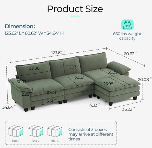 LINSY HOME 123'' Modular Sectional Sofa Green Couch Corduroy Cloud Couches for Living Room, L Shaped Couch with Movable Ottoman, Modern Cloud Sectional Sofas for Bedroom and Apartment, Green - Image 3