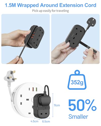Travel Extension Lead, FDTEK 2 Way Power Strip with Retractable USB C Cable and 3 USB Slots, Small UK Extension Socket with 1.5M Cable for Travel Home Office Camping Cruise - Image 3