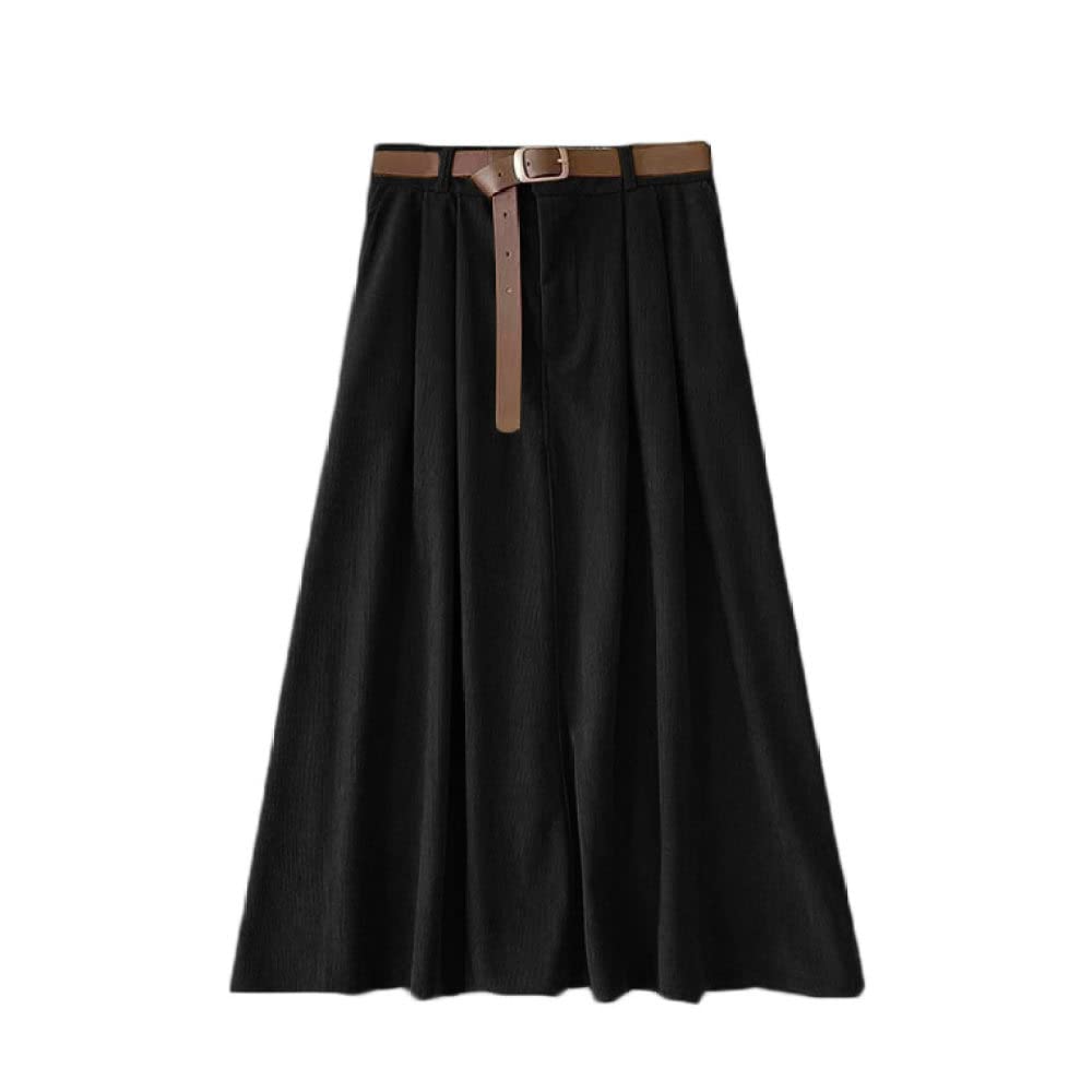 Spódnice dla kobiet Wielka Brytania, eleganckie sztruksowe czarne zimowe spódnice dla kobiet Elastyczna talia Midi z paskiem Damskie spódnice z wysokim stanem L(Black One Size)