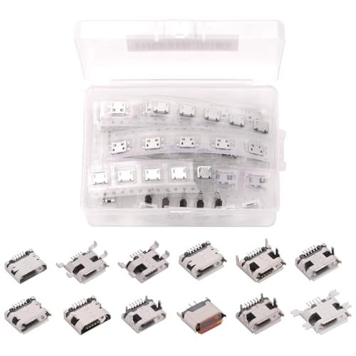 Harrisen Conector USB SMD SMT, 12 tipos, 60 unidades, acero inoxidable, conector micro USB, 5 pines para teléfonos móviles, juguetes, placas de circuito, adaptador de intercambio USB para reparaciones