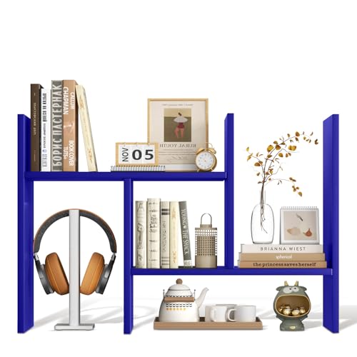 Mihoho Schreibtisch Regal Organizer, verstellbares Schreibtisch-Bücherregal aus Holz, Büro-Aufbewahrungsregal, Holz-Ausstellungsregal für Zuhause, Arbeitszimmer, Büro (Schwarzblau)