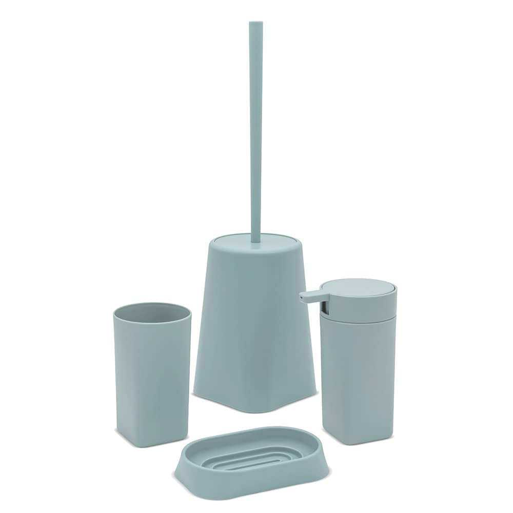 Set bagno accessori completo – 4 pezzi, kit accessori appoggio verde acqua, include dispenser, portaspazzolini, portasapone e scopino wc, linea Tender