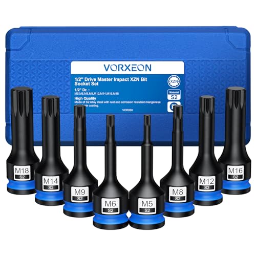 VORXEON 1/2 Drive Impact Spline Bit Socket Set 8PCS M5-M18 S2 Steel Impact Triple Square Spline Bit Socket Set with Storage Case for Car Engine Repair Auto Mechanic and German Vehicle Maintenance