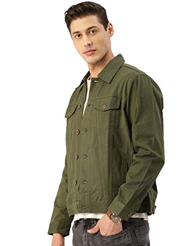 Image of Style Quotient Men Olive Solid Casual Denim Jackets