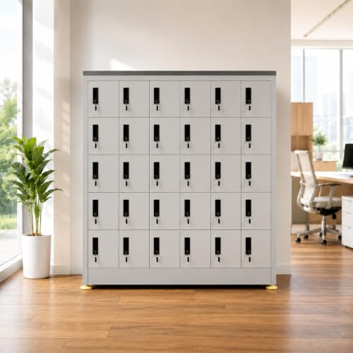 Image of Amazon Brand - Solimo 30-Door Mobile Locker Cabinet Lockable Heavy-Duty Steel Cabinet Compartments for Phones Wallets & Valuables Ideal for Office, School, Gym, Warehouse (Grey)