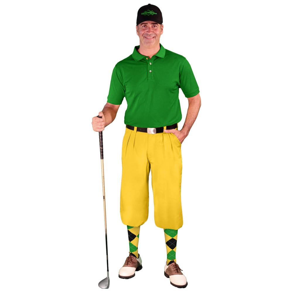 Golf Knickers Mens Outfit - Yellow Microfiber, Limited Edition Ball Cap, Over-The-Calf Argyle Socks, Lime Golf Shirt - Waist 26