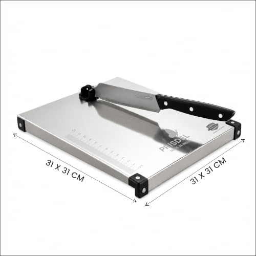 Image of Stainless Steel Chopping Board with Attached Knife | Food Grade Steel Cutting Board for Kitchen | Heavy Duty Metal Vegetable Cutting Board | Rust Resistant, Easy to Clean