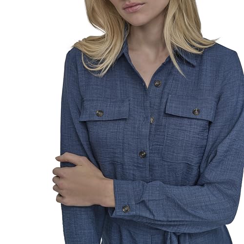 Image of DKNY Women's Long Sleeve Collared Tie Waist Midi Shirtdress