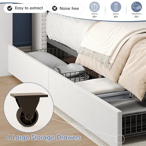 Maupvit Twin Size Bed Frame with Charging Station and 4 Storage Drawers,Upholstered Platform Bed with LED Headboard,Noise Free,No Box Spring Needed,Easy Assembly,Beige